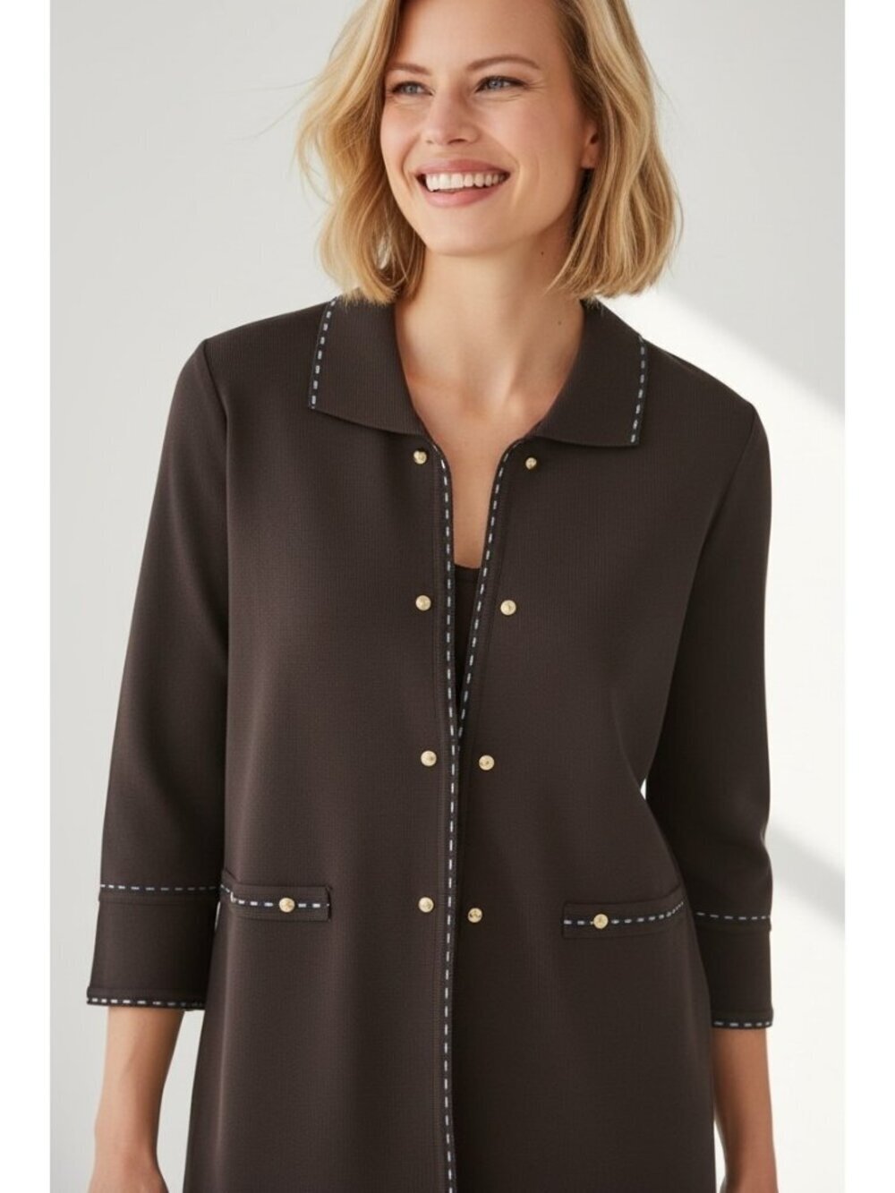 Ming Wang Brown Knit Jacket Snap Front Contrast Stitch Career Chic Size M